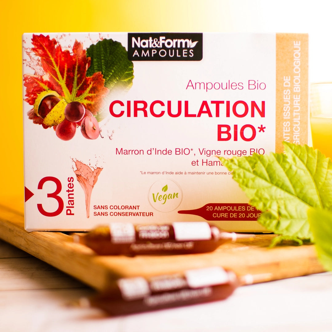 Photo du pack ampoules bio circulation nat&form. Complément alimentaire bio à base de marron d'Inde bio, de vigne rouge bio et d'hamamelis bio. 20 ampoules de 10 ml, fabriqué en France dans un emballage écoresponsable. Produit Vegan.